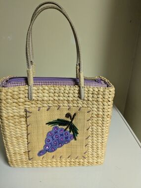 Xhilaration Natural Straw Tote with Purple Grape Motif